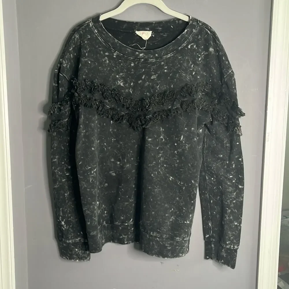 Bibi Black Crewneck Sweatshirt Ruffle Detail Medium